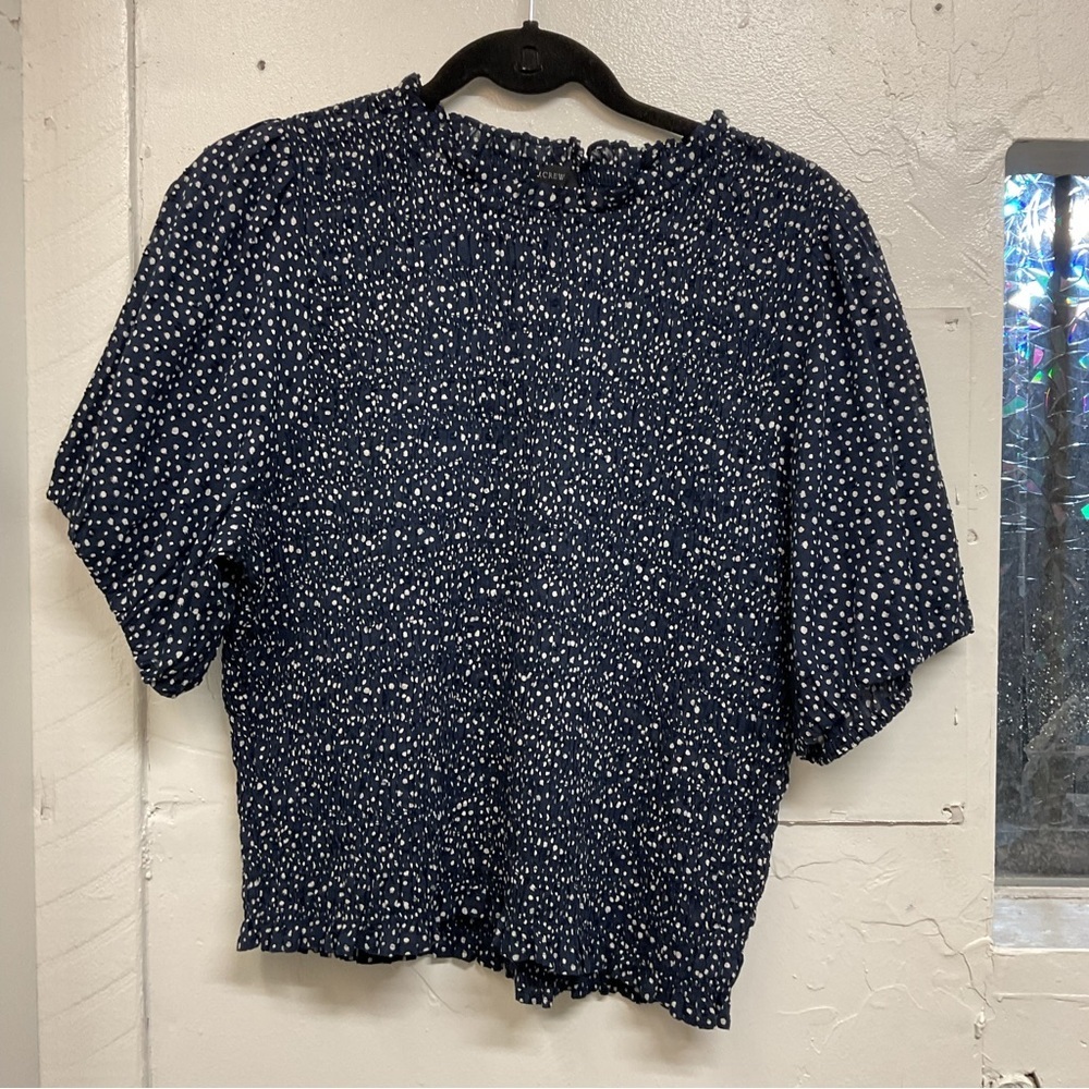 J. Crew Navy Blue and White Dot Smocked Blouse